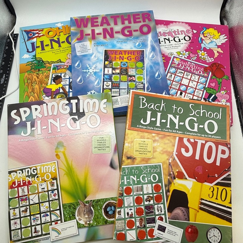 Vintage J-I-N-G-O Bingo Game Lot of 5 Ohio Weather Valentine Spring School